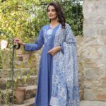 Blue Embroidered Flared Cotton Suit