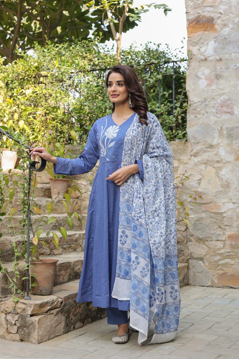 Blue Embroidered Flared Cotton Suit Blue Embroidered Flared Cotton Suit