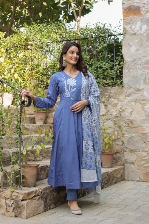 Blue Embroidered Flared Cotton Suit