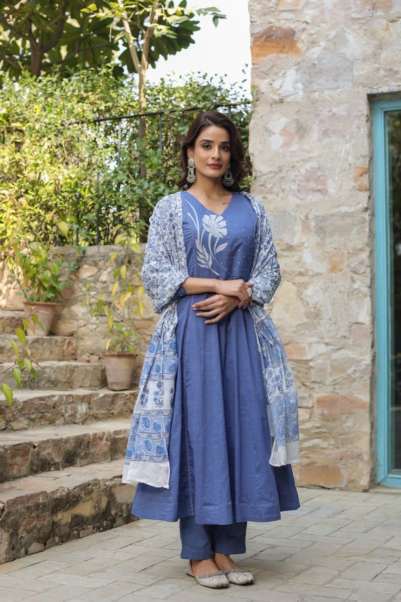 Blue Embroidered Flared Cotton Suit Blue Embroidered Flared Cotton Suit