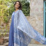 Blue Embroidered Flared Cotton Suit