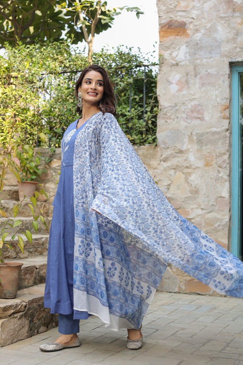 Blue Embroidered Flared Cotton Suit Blue Embroidered Flared Cotton Suit