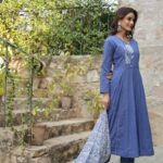 Blue Embroidered Flared Cotton Suit