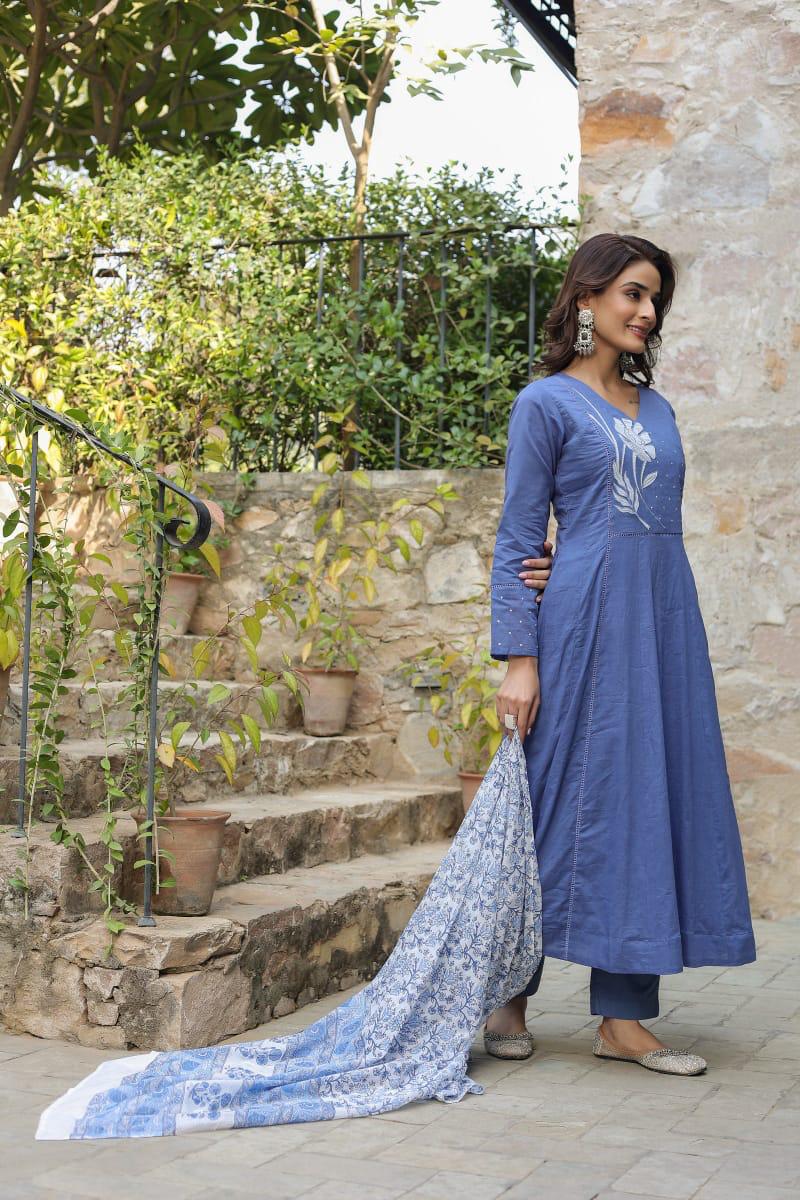 Blue Embroidered Flared Cotton Suit Blue Embroidered Flared Cotton Suit