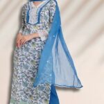 Floral Cotton Suit Set with Crochet Lace