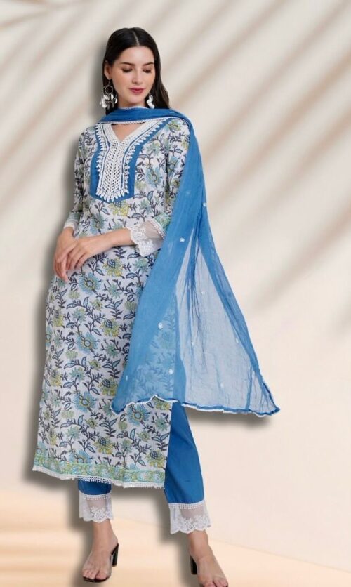 Floral Cotton Suit Set with Crochet Lace