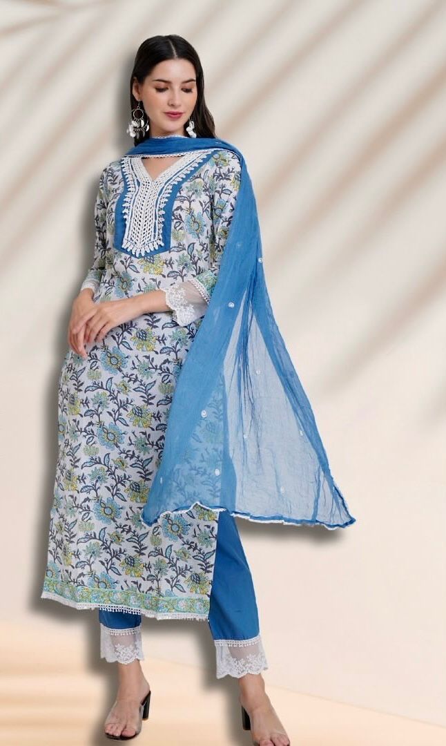 Floral Cotton Suit Set with Crochet Lace